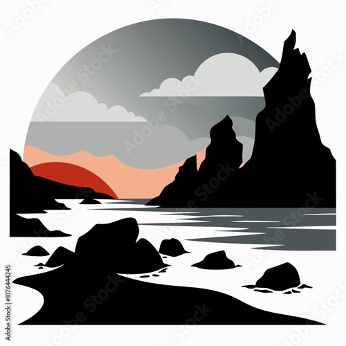 Rocky beach silhouette vector illustration on white background