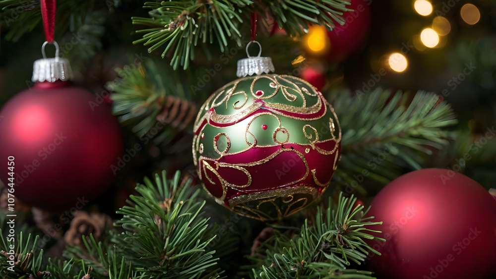 Christmas tree toy close-up hanging on a decorative branch on the background of a garland, Red Green tone Christmas tree toy close-up hanging on a decorative branch on the background of a garland, Red Green tone