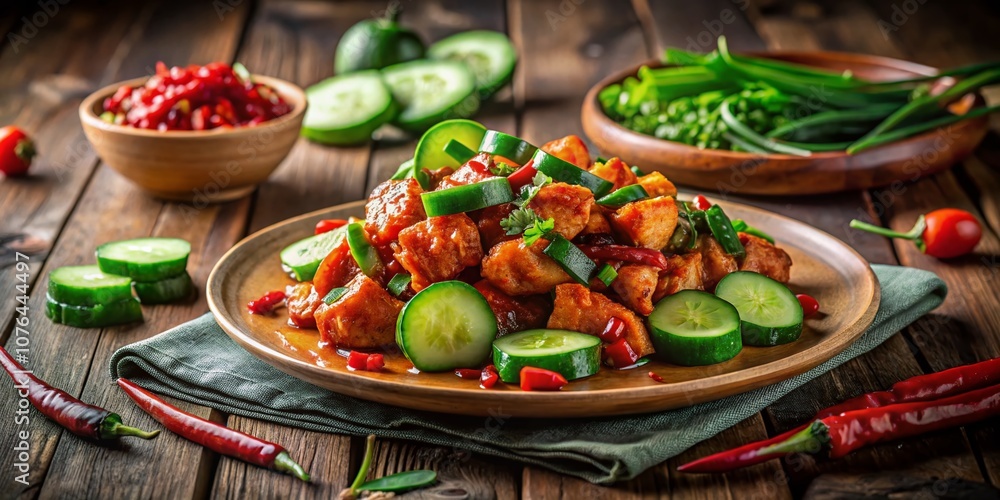 Deliciously Spicy Chilli Chicken with Fresh Cucumber Slices Served on a Rustic Wooden Table, Perfectly Captured in Low Light for a Cozy Dining Experience Deliciously Spicy Chilli Chicken with Fresh Cucumber Slices Served on a Rustic Wooden Table, Perfectly Captured in Low Light for a Cozy Dining Experience