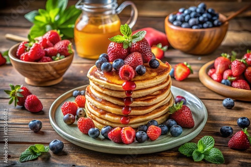 Deliciously Stacked Pancakes Topped with Fresh Berries and Drizzled Maple Syrup on a Rustic Wooden Table, Perfect for Breakfast, Brunch, or Dessert Inspiration