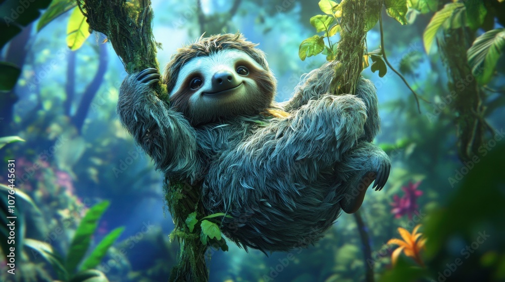 Obraz premium A Smiling Sloth Hanging on a Tree Branch in a Lush Rainforest