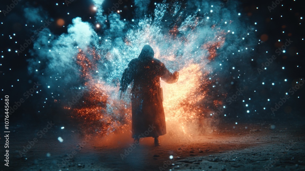 Obraz premium A hooded figure surrounded by swirling sparks and smoke