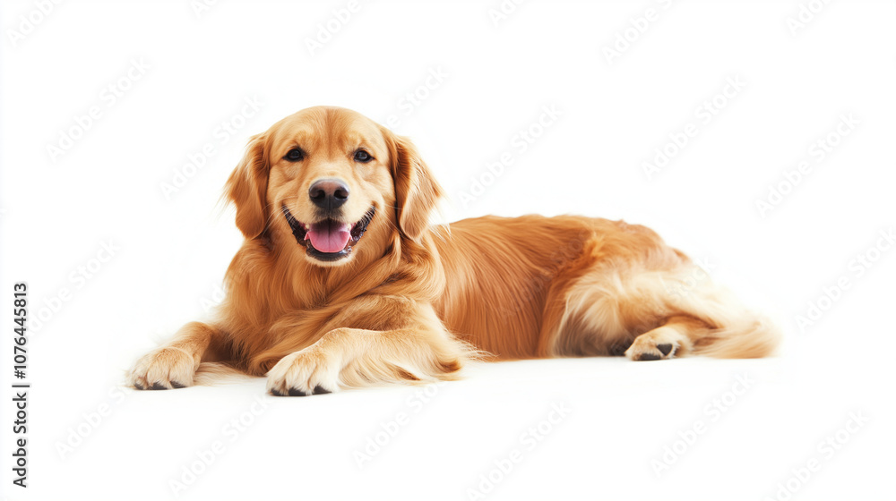 Happy golden retriever dog lying down, isolated on white background. Happy golden retriever dog lying down, isolated on white background.