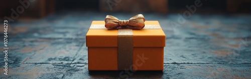 Orange gift box with golden ribbon on white background, perfect for holiday and celebration themes