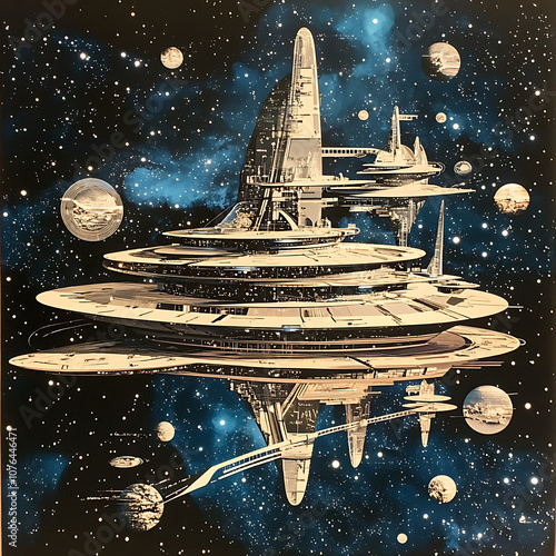 Futuristic space station design with sleek structures and planets. artwork showcases vibrant cosmic background filled with stars and celestial bodies, evoking sense of wonder and exploration