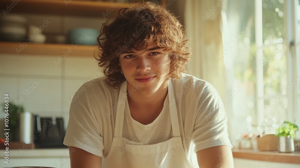 Young male chef with curly hair streaming a cooking tutorial, focused on preparing fresh ingredients, wearing a white apron in a cozy kitchen, showcasing culinary skills with a war. Young male chef with curly hair streaming a cooking tutorial, focused on preparing fresh ingredients, wearing a white apron in a cozy kitchen, showcasing culinary skills with a war.
