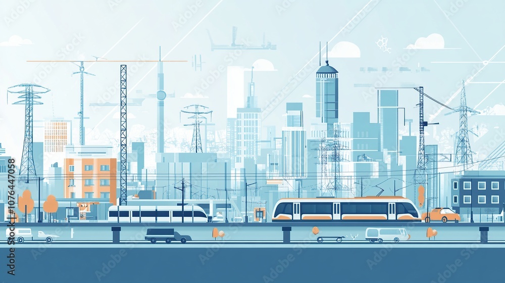 Modern Cityscape with Train and Construction Modern Cityscape with Train and Construction