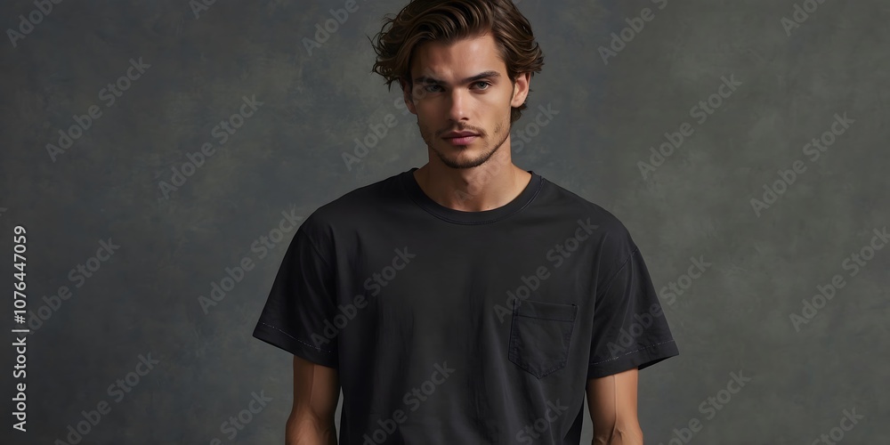 Contemporary Elegance: Portrait of a Male Model Wearing a Black T-Shirt with a Pocket. A perfect blend of minimalism and sophistication, this image captures modern style and versatility Contemporary Elegance: Portrait of a Male Model Wearing a Black T-Shirt with a Pocket. A perfect blend of minimalism and sophistication, this image captures modern style and versatility