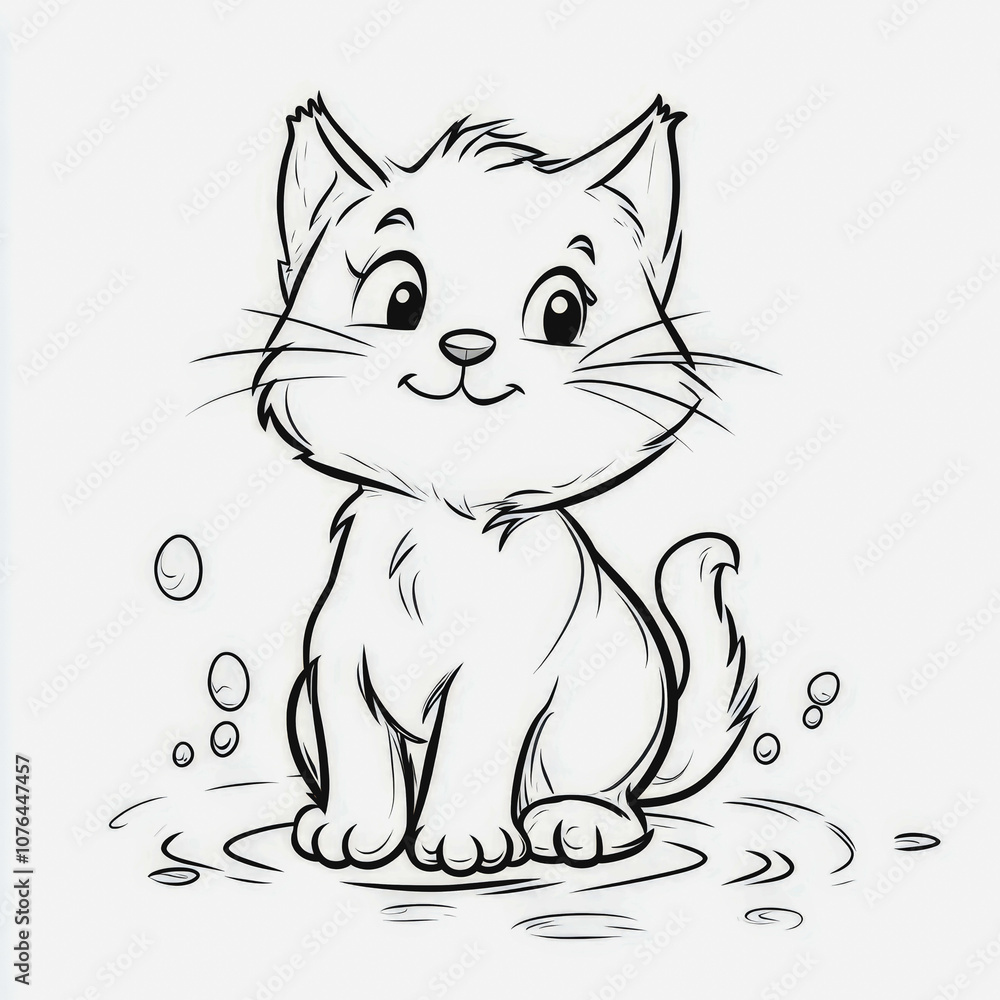 Adorable cartoon kitten sitting happily in a puddle, surrounded by playful water droplets, showcasing a cute and cheerful expression, perfect for children's illustrations or fun designs. Adorable cartoon kitten sitting happily in a puddle, surrounded by playful water droplets, showcasing a cute and cheerful expression, perfect for children's illustrations or fun designs.