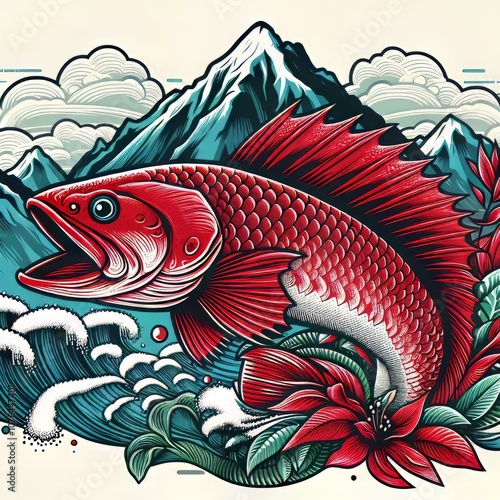 Red color fish design jumping from water vector