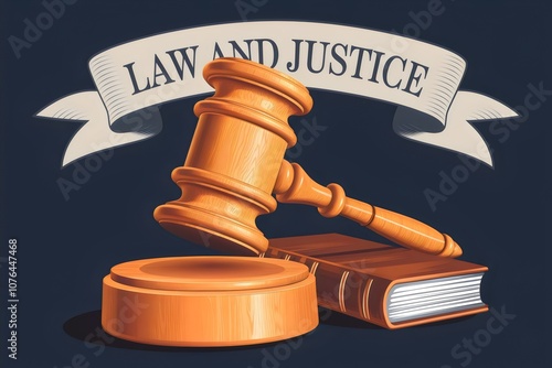 a poster of a law and justice with the words law and justice gavel and books. photo