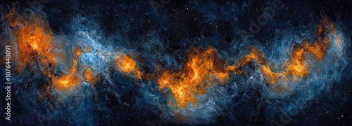 Abstract Cosmic Landscape with Swirling Orange and Blue Nebulae photo