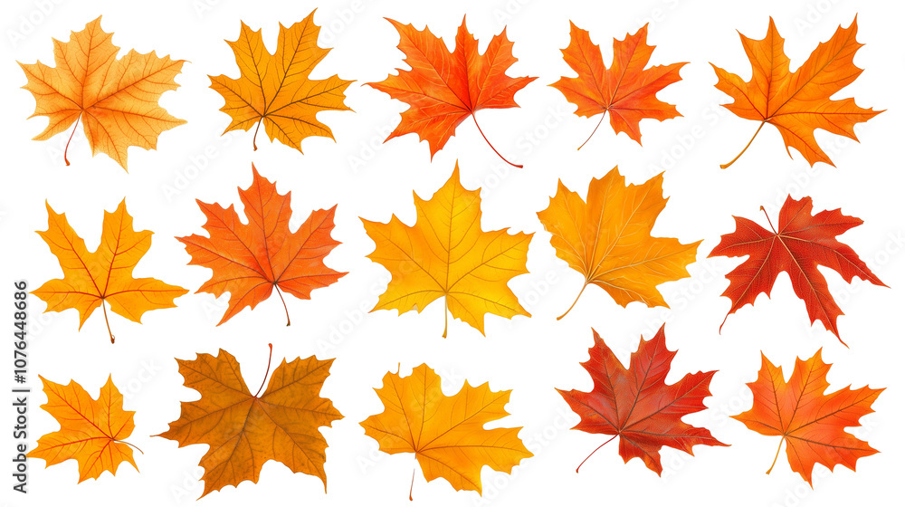 Set of orange autumn maple leaves isolated on transparent background Set of orange autumn maple leaves isolated on transparent background