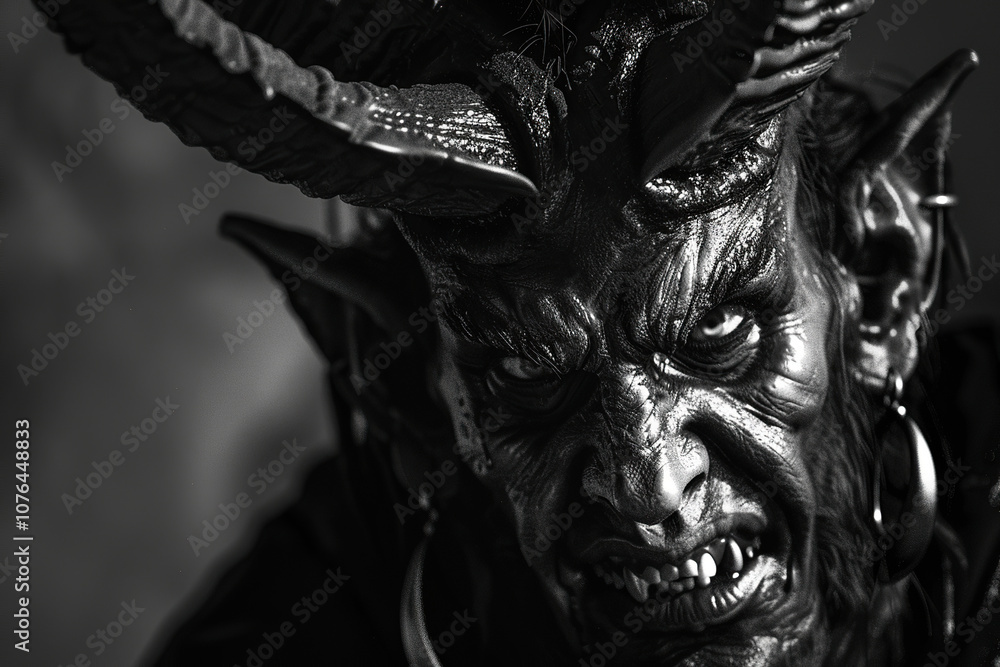 Scary sinister devil is in hell with dramatic fire lighting on the background Scary sinister devil is in hell with dramatic fire lighting on the background