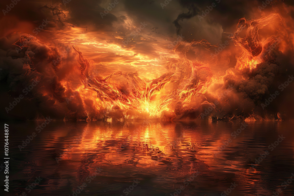 Scary sinister devil is in hell with dramatic fire lighting on the background Scary sinister devil is in hell with dramatic fire lighting on the background