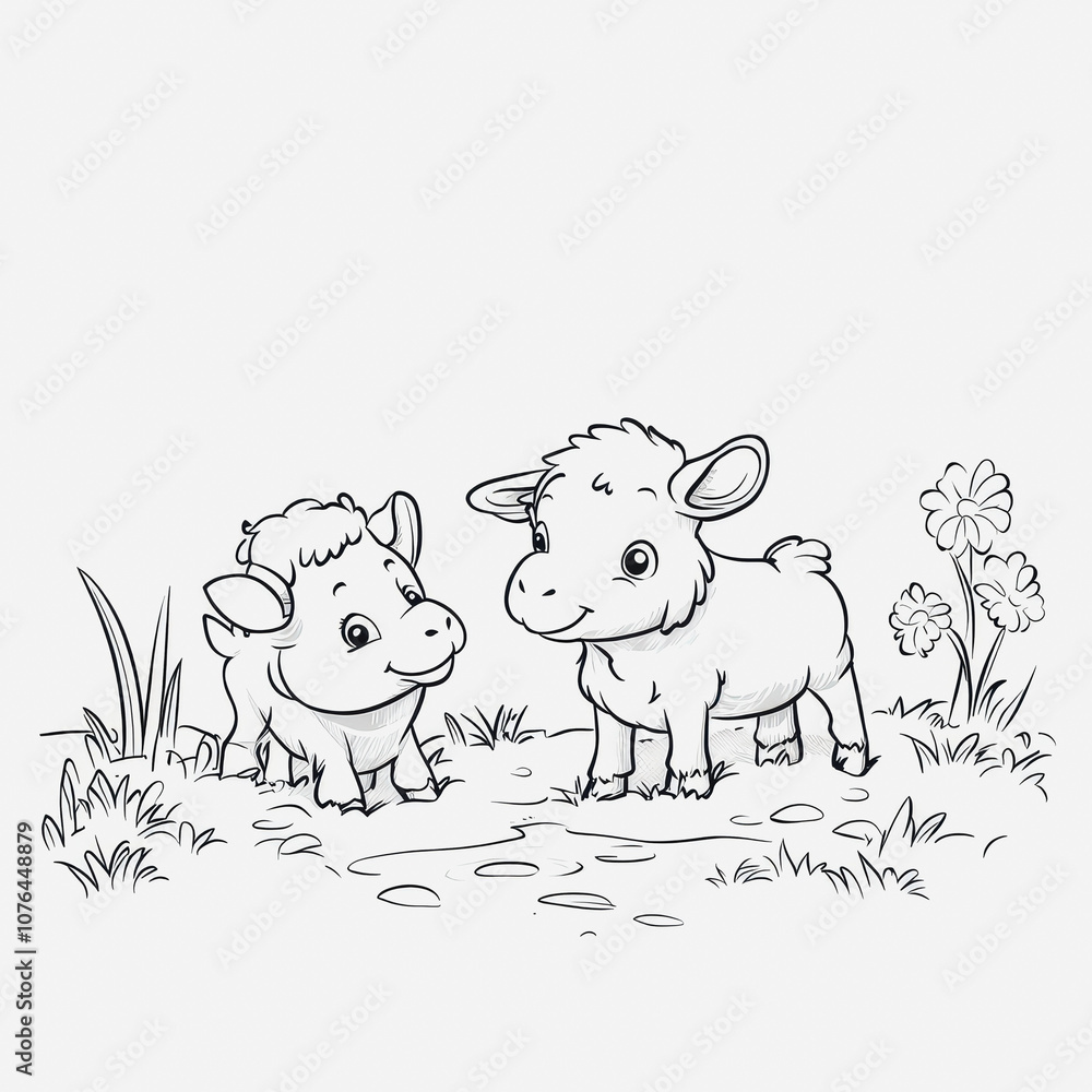 Adorable Baby Cows Playing in a Pastoral Setting Surrounded by Flowers and Green Grass, Perfect for Children's Illustrations and Farm-Themed Designs Adorable Baby Cows Playing in a Pastoral Setting Surrounded by Flowers and Green Grass, Perfect for Children's Illustrations and Farm-Themed Designs
