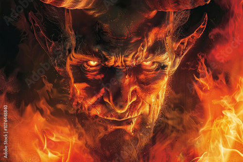 Scary sinister devil is in hell with dramatic fire lighting on the background