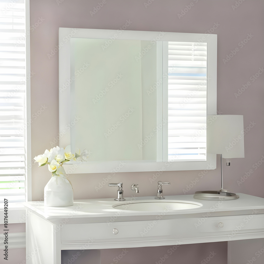 Fototapeta premium a white vanity with a mirror and a lamp on it