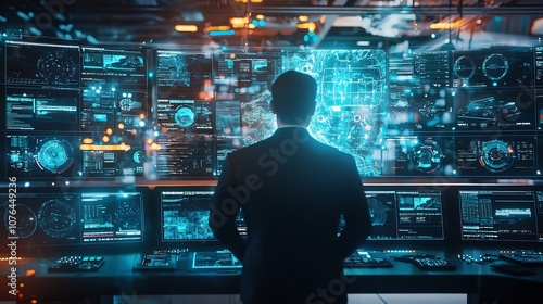 Futuristic Digital Command Center with Holographic Workflow Oversight and Task Management