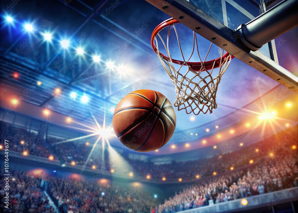 Dynamic Action Shot of a Basketball Arcing Through the Hoop During a Competitive Game with a Dramatic Background and Intense Atmosphere Capturing the Spirit of Sportsmanship Dynamic Action Shot of a Basketball Arcing Through the Hoop During a Competitive Game with a Dramatic Background and Intense Atmosphere Capturing the Spirit of Sportsmanship