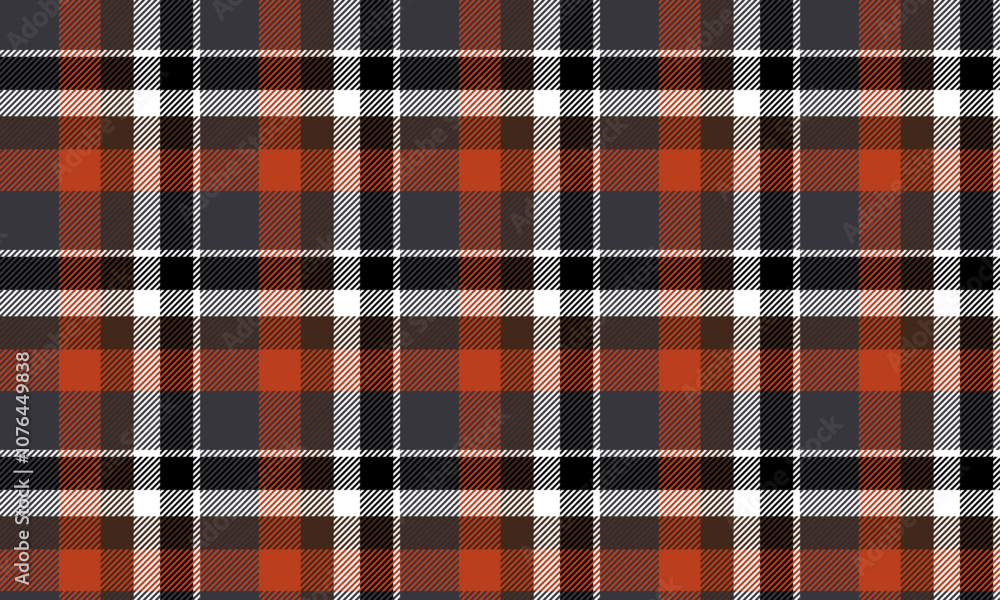 Plaid fabric pattern, black, orange, white, modern seamless cross lines for textiles, and for designing clothes, skirts or decorative fabrics. Vector illustration. Plaid fabric pattern, black, orange, white, modern seamless cross lines for textiles, and for designing clothes, skirts or decorative fabrics. Vector illustration.