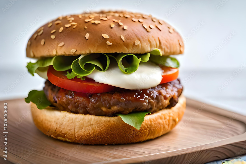 Delicious hamburger with fresh ingredients set against a stunning sunset perfect for food lovers and culinary photography Delicious hamburger with fresh ingredients set against a stunning sunset perfect for food lovers and culinary photography
