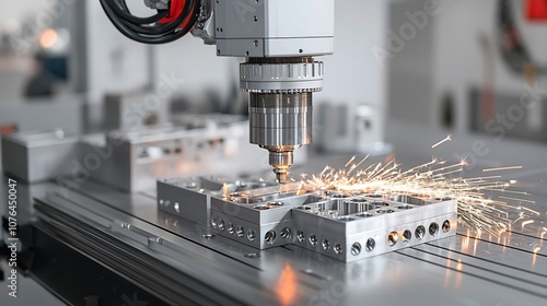 Robotic milling machine processing metal parts surrounded by bright sparks symbolizing efficient and high tech manufacturing processes in the industrial sector photo