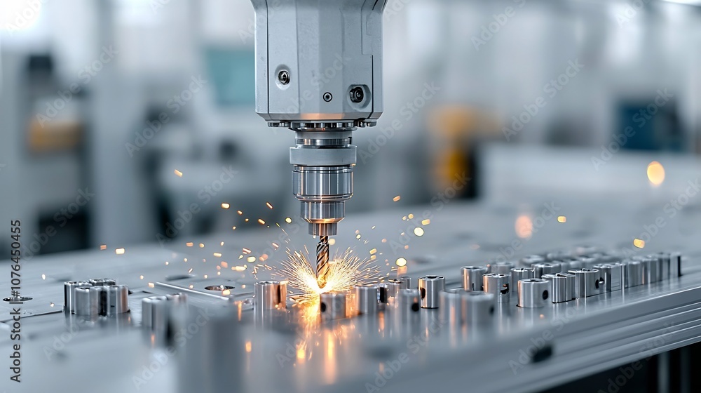 Glowing sparks bursting from industrial machinery drilling into metal showcasing the advanced technology and precision employed in modern manufacturing and production processes Glowing sparks bursting from industrial machinery drilling into metal showcasing the advanced technology and precision employed in modern manufacturing and production processes