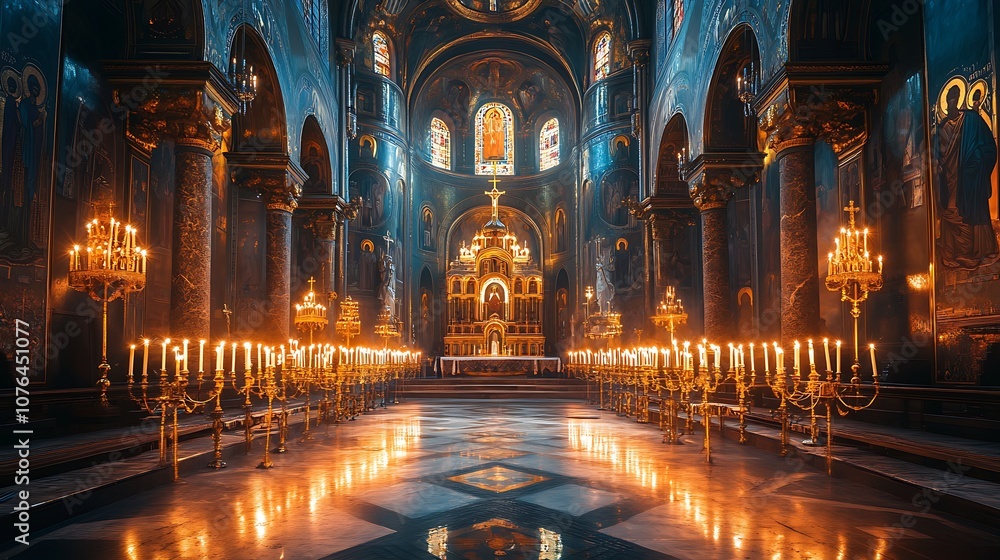 Fototapeta premium Candlelit Interior of a Grand Cathedral with Ornate Chandeliers
