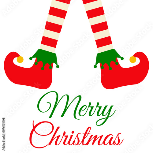 Tiempo de Navidad. Logo con mensaje Merry Christmas con piernas con medias y botas de elfo de Santa Claus para tarjetas y felicitaciones