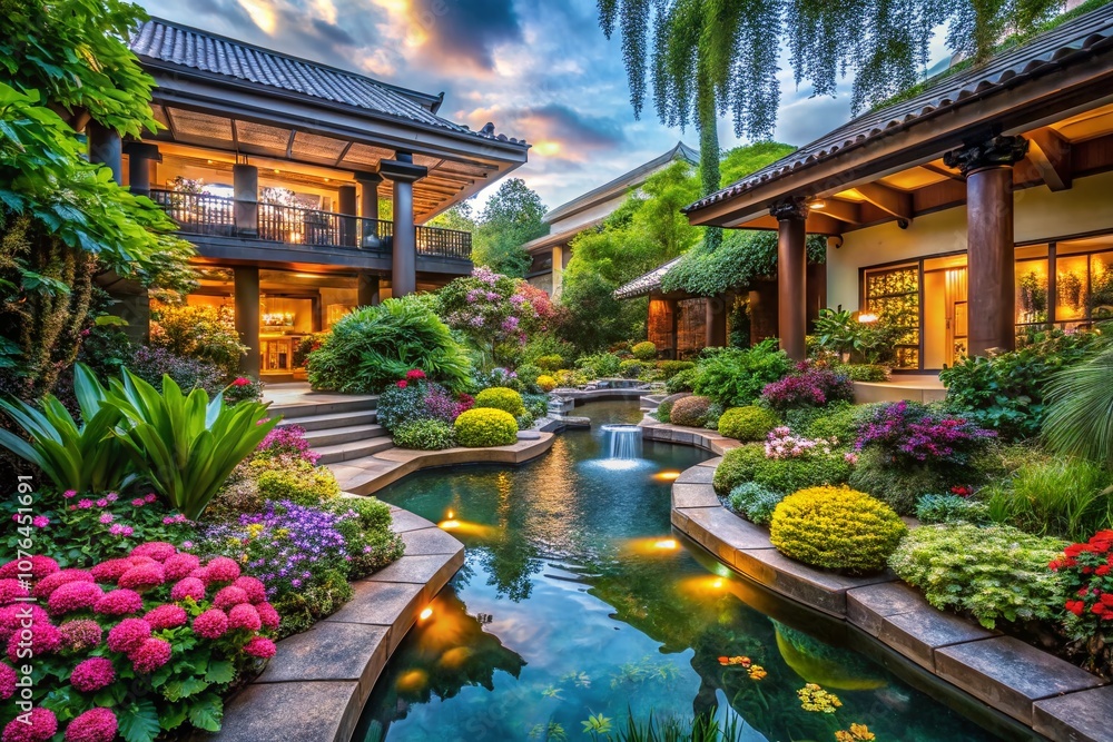 Fototapeta premium Elegant Architectural Photography of a Serene Garden Oasis with Lush Greenery, Modern Structures, and Tranquil Water Features Captured in Natural Light for a Calming Atmosphere