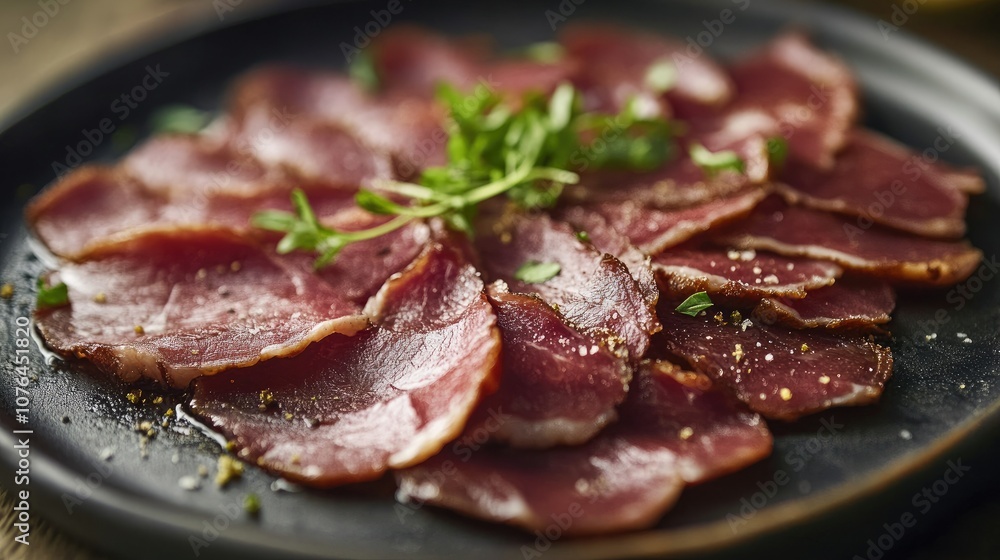 Sliced Deli Meat on Plate with Fresh Herbs Sliced Deli Meat on Plate with Fresh Herbs