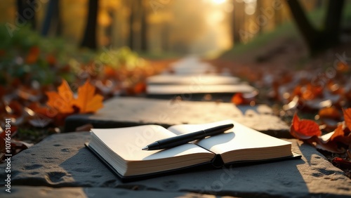 Entryway accent pieces. Open notebook with flags and pen on airport seat, airplane in background through window at sunrise, suggesting travel plans.