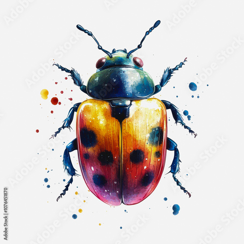 Colorful and Vibrant Illustration of a Beetle with Bright Spots and Splash Effects, Perfect for Nature and Entomology Themes in Stock Photography photo