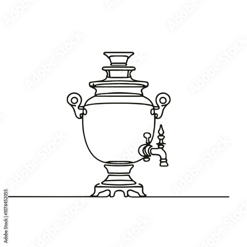 Russian samovar, vector, simple continuous black line drawing, minimalistic, single unbroken line, transparent background