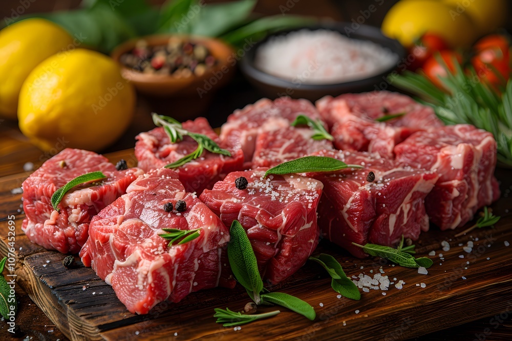 Fresh Raw Beef with Herbs and Spices on Rustic Wooden Board for Culinary Preparation Fresh Raw Beef with Herbs and Spices on Rustic Wooden Board for Culinary Preparation