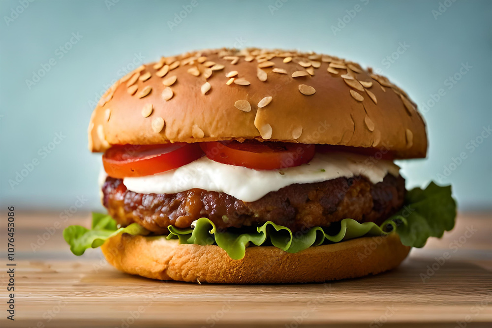 Delicious hamburger with fresh ingredients set against a stunning sunset perfect for food lovers and culinary photography Delicious hamburger with fresh ingredients set against a stunning sunset perfect for food lovers and culinary photography