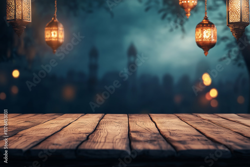 Empty wooden table and blurry Eid festival elements at night and lights, mosque photo