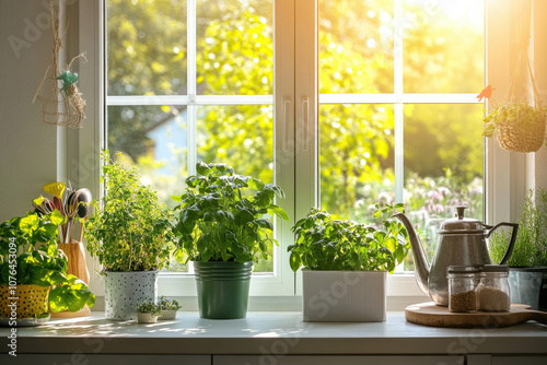 Chic Apartment Kitchen with Green and White Greenhouse for a Trendy Look