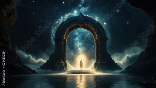 A mystical portal glows in a starry night, inviting cosmic exploration and wonder. A lone figure stands before it, ready to step into another dimension