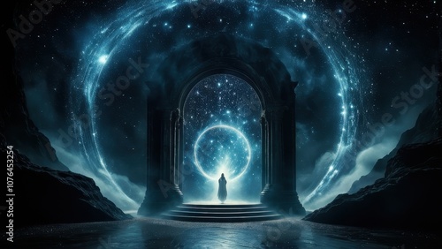 A mystical portal glows in a starry night, inviting cosmic exploration and wonder. A lone figure stands before it, ready to step into another dimension