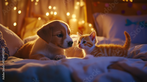 仲良く遊ぶ子犬と子猫の心温まる寝室のひととき photo