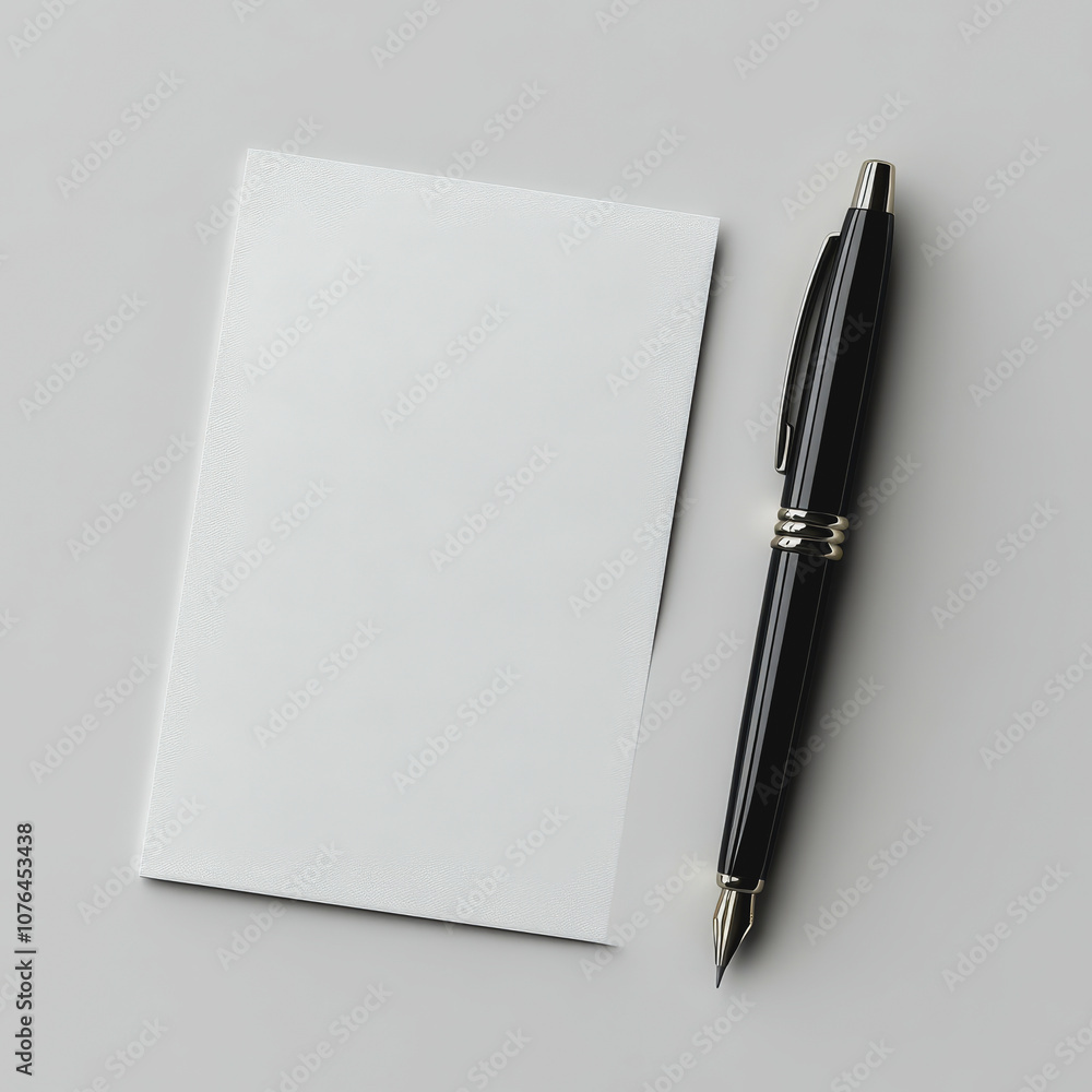 Blank notepad and elegant black pen on gray background, perfect for minimalistic stationery design, writing concepts, and professional aesthetics in office settings Blank notepad and elegant black pen on gray background, perfect for minimalistic stationery design, writing concepts, and professional aesthetics in office settings