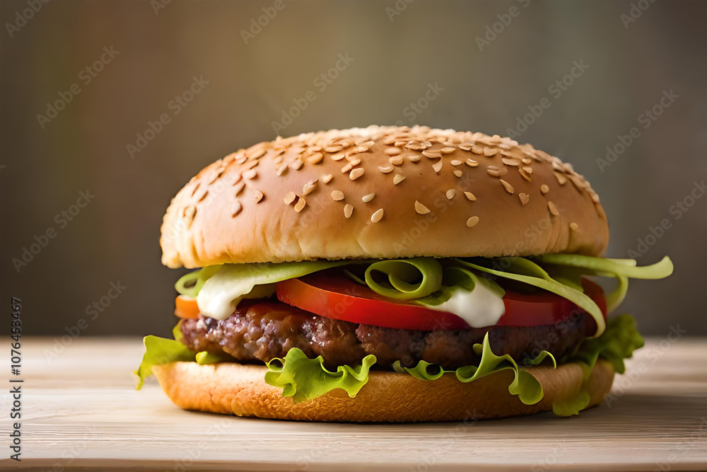 Delicious hamburger with fresh ingredients set against a stunning sunset perfect for food lovers and culinary photography Delicious hamburger with fresh ingredients set against a stunning sunset perfect for food lovers and culinary photography