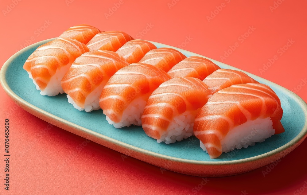 fresh salmon sushi on oval blue plate on red background. healthy, gourmet Japanese dish. restaurant or fine dining concepts. fresh salmon sushi on oval blue plate on red background. healthy, gourmet Japanese dish. restaurant or fine dining concepts.