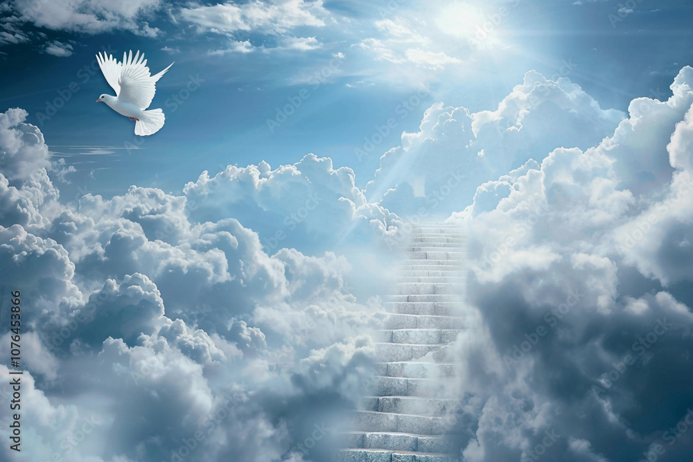 Naklejka premium Fantastically staircase leading to cloudy deep sky at natural light
