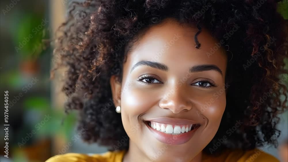 A smiling woman with curly hair wearing a yellow shirt, sitting in a bright space with plants in the background. A smiling woman with curly hair wearing a yellow shirt, sitting in a bright space with plants in the background.