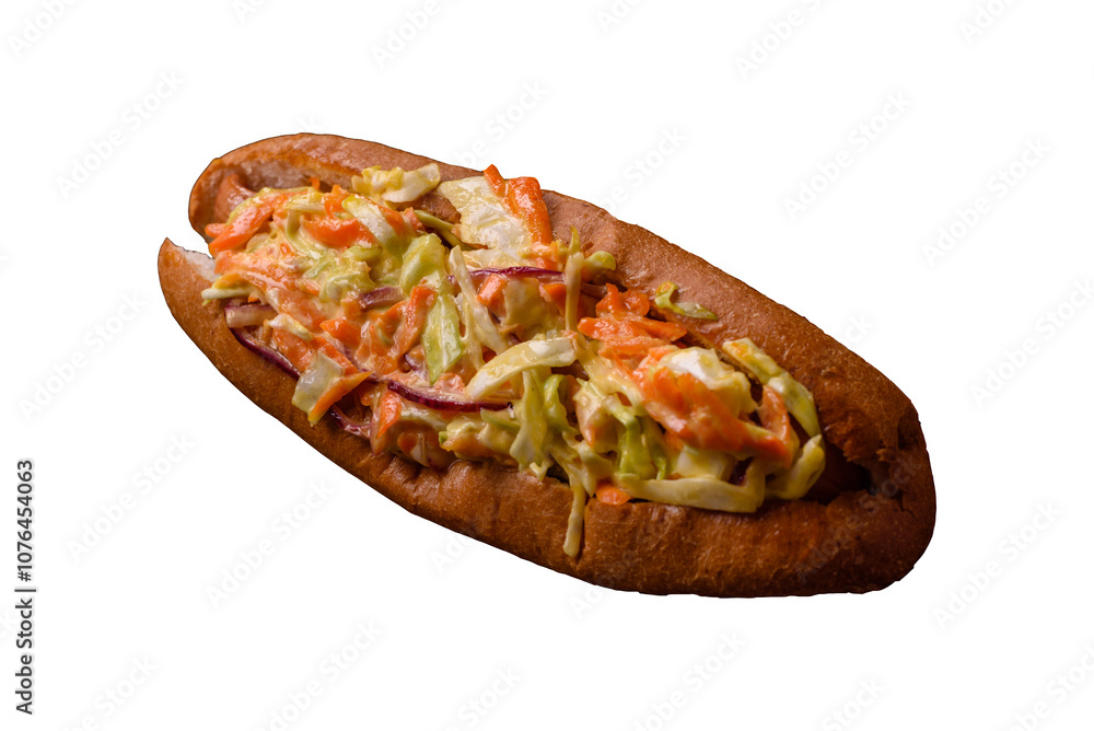 Hotdog with grilled sausage with cabbage, carrots and onions Hotdog with grilled sausage with cabbage, carrots and onions