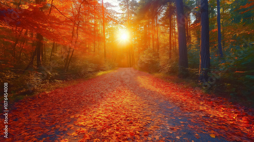 Autumn forest path covered in red and orange leaves, sunlight streaming through the trees