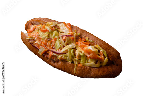 Hotdog with grilled sausage with cabbage, carrots and onions